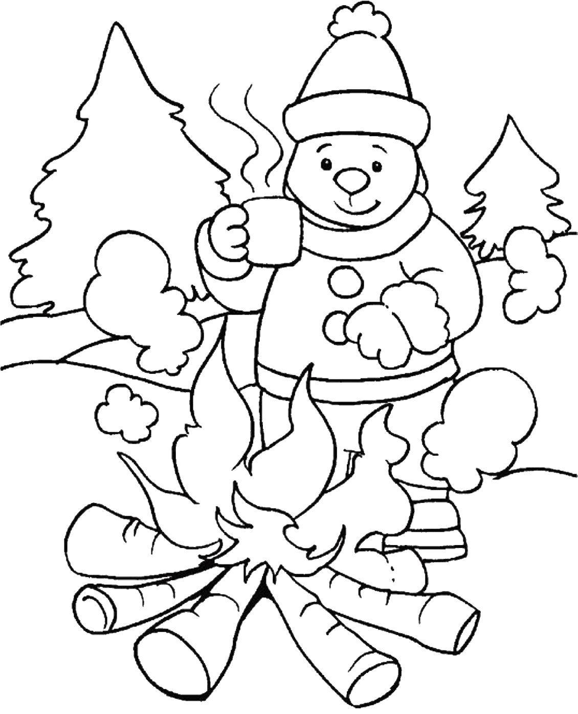 Название: Раскраска Медведь и костер. Категория: раскраски зима. Теги: медведь, зима, костер, кружка.