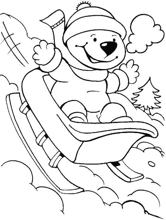 Название: Раскраска Медвежонок на санках. Категория: раскраски зима. Теги: медведь, санки, шапка, снег.