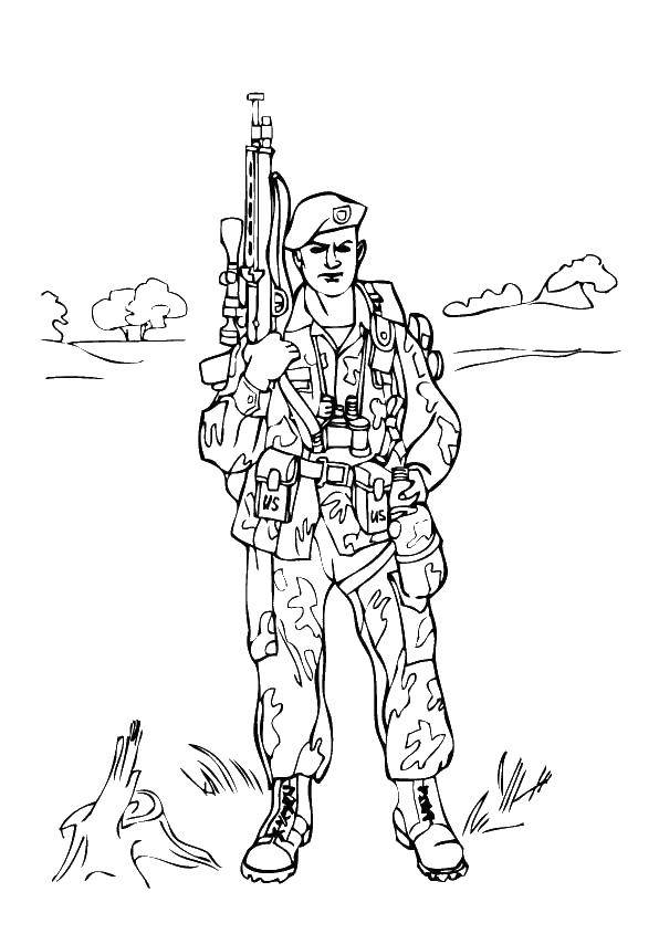 Coloring Soldiers in camouflage. Category military coloring pages. Tags:  soldier, weapon, camouflage.