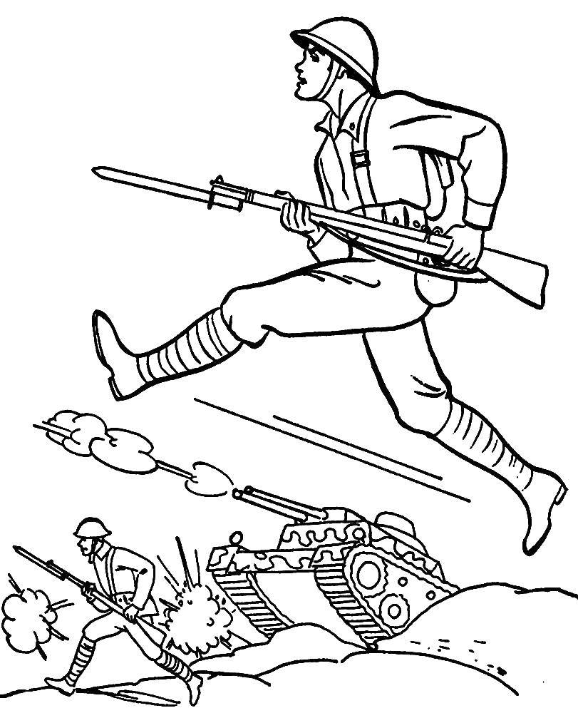 Coloring Soldiers in combat, tank. Category military coloring pages. Tags:  soldiers , battle, war, tank, military.