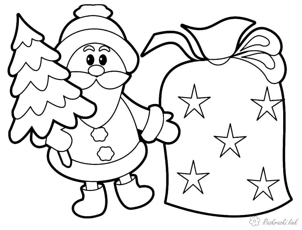Название: Раскраска Дед мороз с игрушками. Категория: Рождество. Теги: дед мороз, мешок, елка.