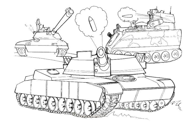 Coloring Three tanks. Category military coloring pages. Tags:  tanks, war, military equipment.