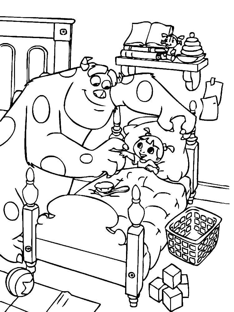 Розмальовки  Джеймс саліван і дитина. Завантажити розмальовку монстри, ліжко, дитина.  Роздрукувати ,розмальовки корпорація монстрів,