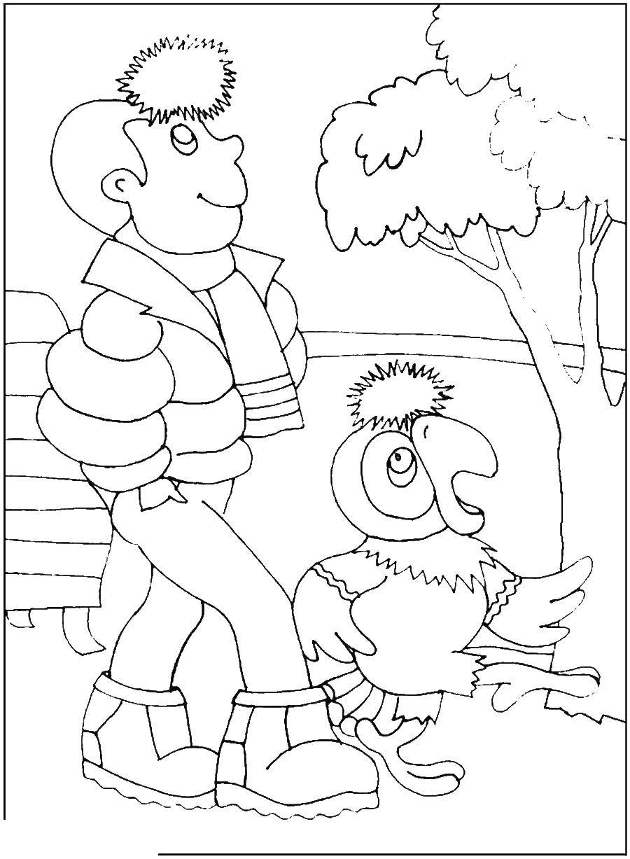 Розмальовки  Хлопчик і папуга кеша. Завантажити розмальовку папуга кеша, хлопчик.  Роздрукувати ,розмальовки папуга кеша,