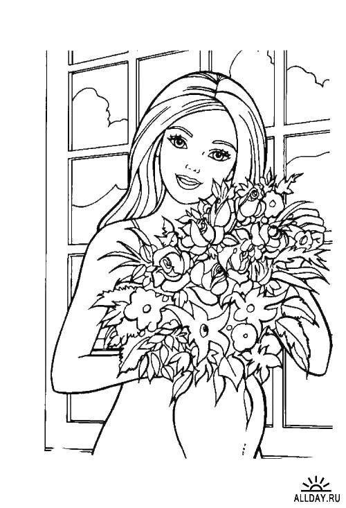Coloring Barbie with a beautiful bouquet. Category Barbie . Tags:  braby, bouquet, flowers.