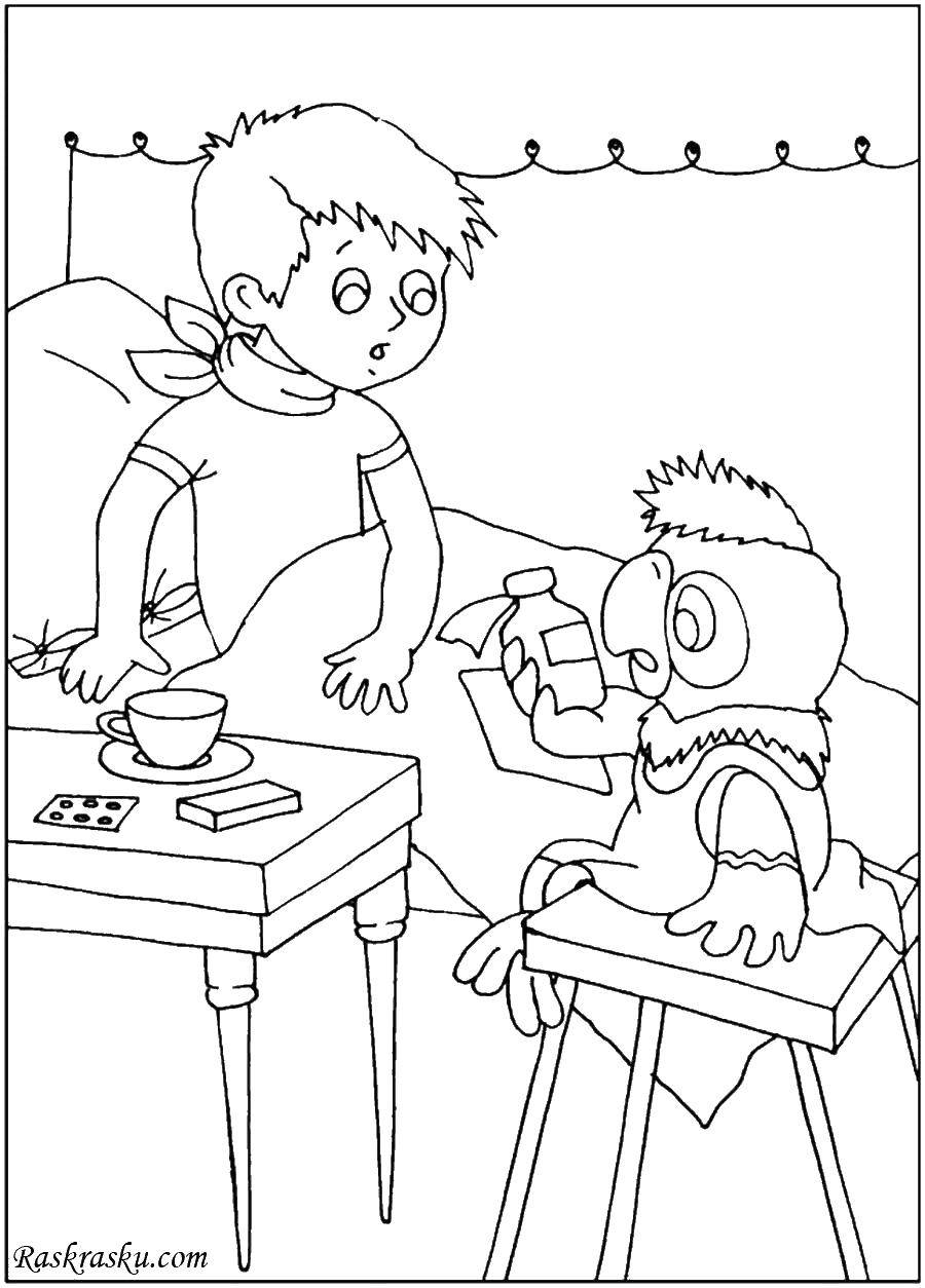 Coloring The boy and the parrot. Category coloring pages parrot Kesha. Tags:  parrot Kesha, boy.