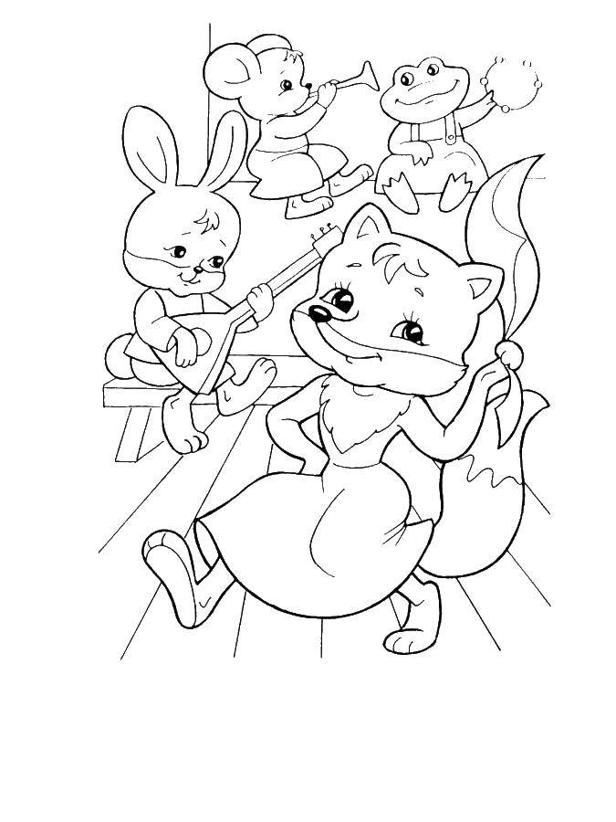 Coloring Dancing in the chamber. Category the chamber . Tags:  Fox, balalaika, Bunny, mouse.