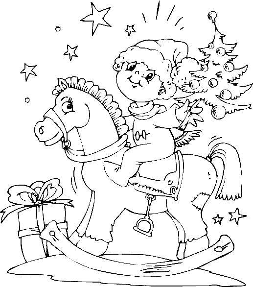 Розмальовки  Хлопчик гойдається на конячці з ялинкою. Завантажити розмальовку Хлопчик, ялинка.  Роздрукувати ,новий рік,