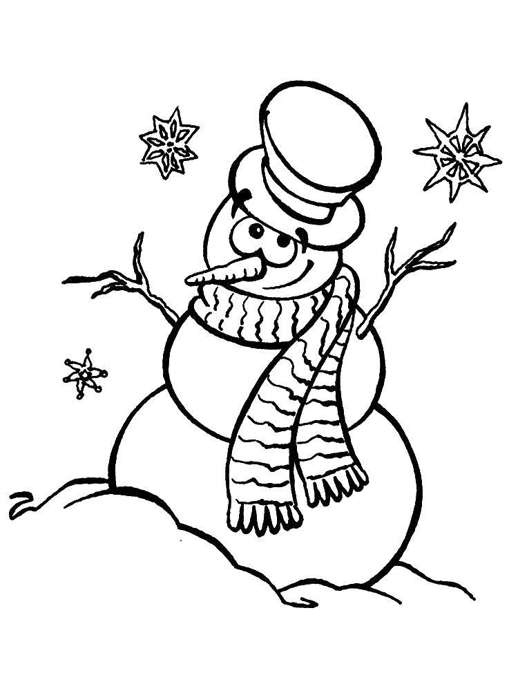 Розмальовки  Сніговик в циліндрі. Завантажити розмальовку сніговик, діти.  Роздрукувати ,новий рік,