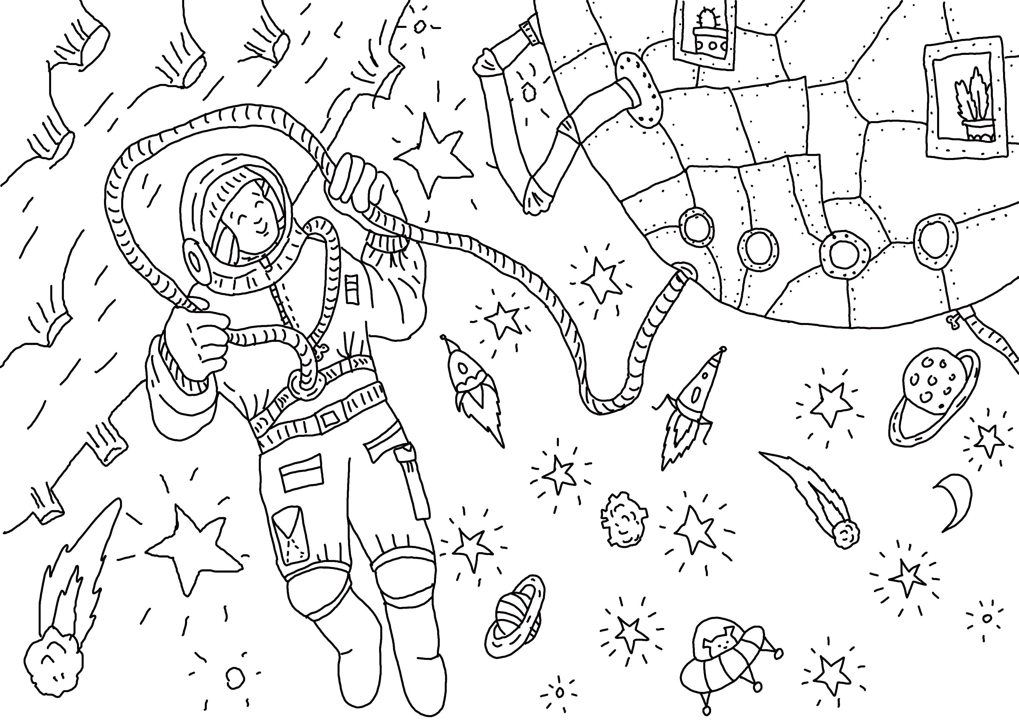 Название: Раскраска Человек в космосе. Категория: космос. Теги: космонавт, ракета, звезда.