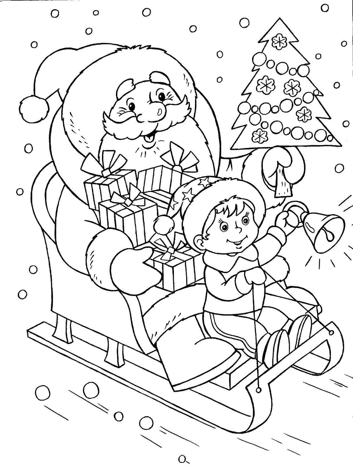 Название: Раскраска Дед мороз едет с подарками на санках. Категория: дед мороз. Теги: Дед мороз, подарки.