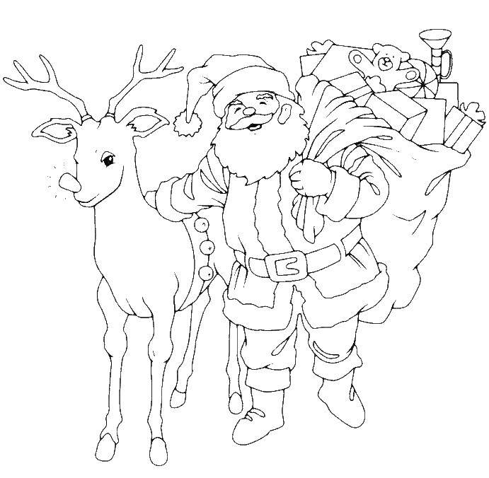 Название: Раскраска Дед мороз и олень. Категория: дед мороз. Теги: Дед мороз, олень, подарки.