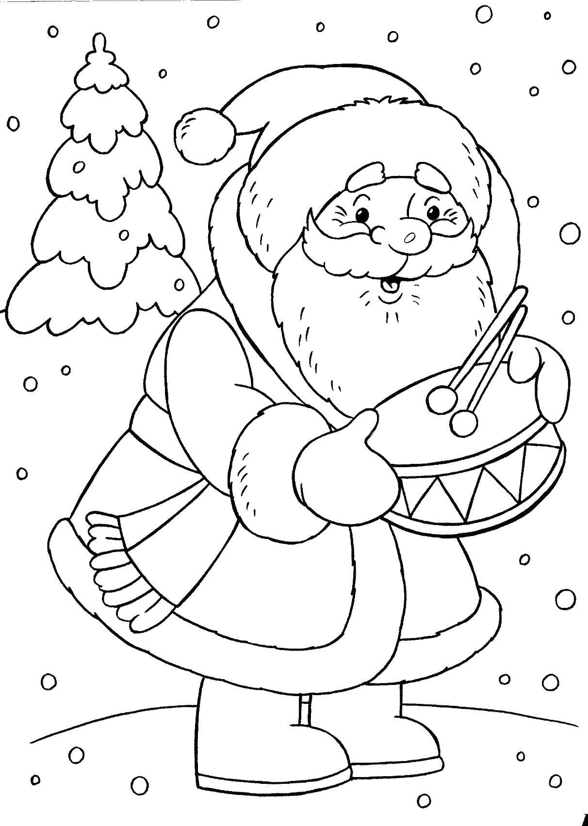Название: Раскраска Дед мороз с барабаном. Категория: дед мороз. Теги: дед мороз, барабан.