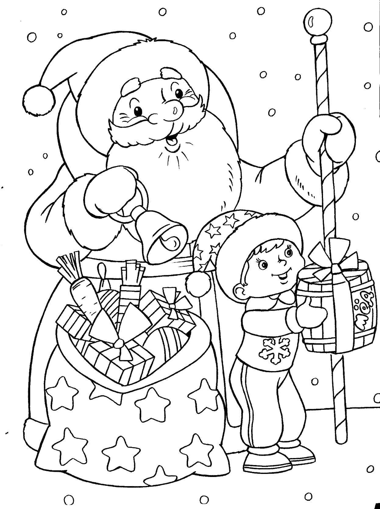 Название: Раскраска Дед мороз с мальчиком дарят подарки. Категория: дед мороз. Теги: Дед мороз, подарки.