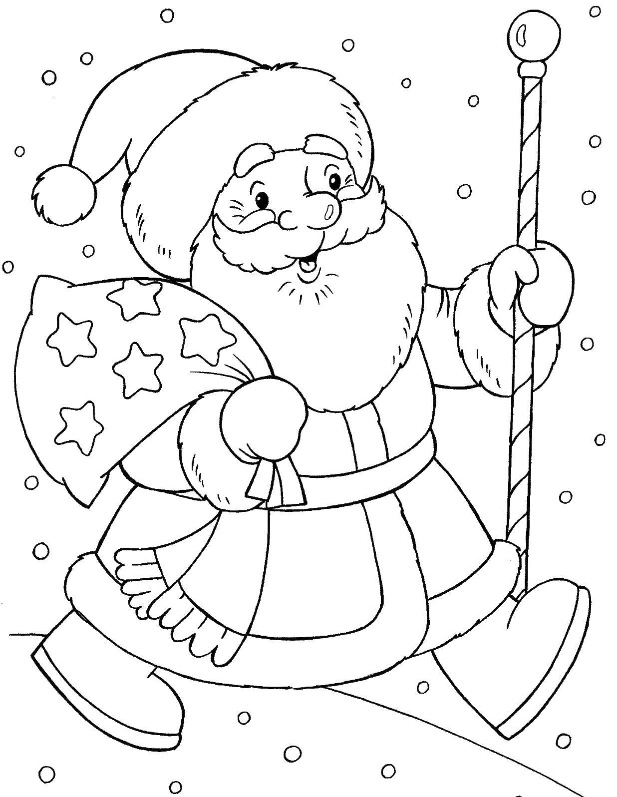 Coloring Santa Claus with stick and bag of gifts. Category Santa Claus. Tags:  Santa Claus, sled.