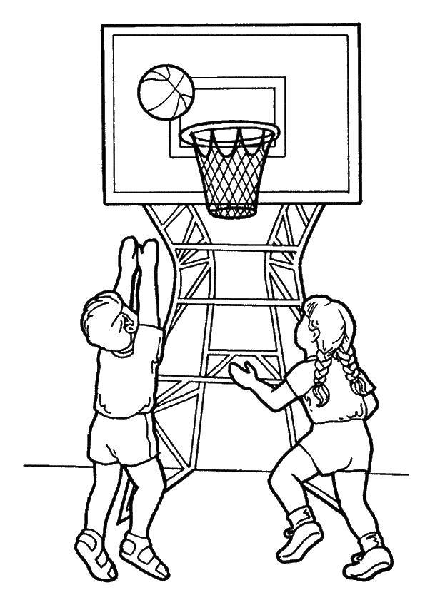 Название: Раскраска Дети играют в баскетбол. Категория: баскетбол. Теги: дети, корзина, мяч.