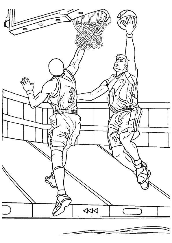 Название: Раскраска Два баскетболиста и корзина. Категория: баскетбол. Теги: баскетболист, мяч, парень.
