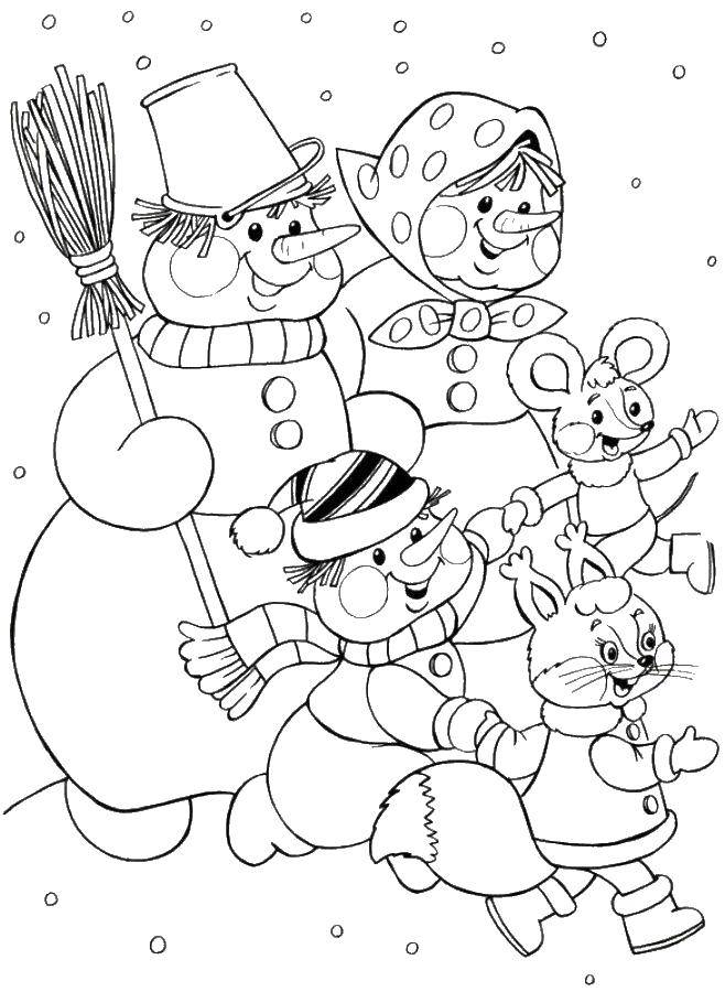 Coloring Snowman family and animals. Category snowman. Tags:  snowman, winter, snow, animals.