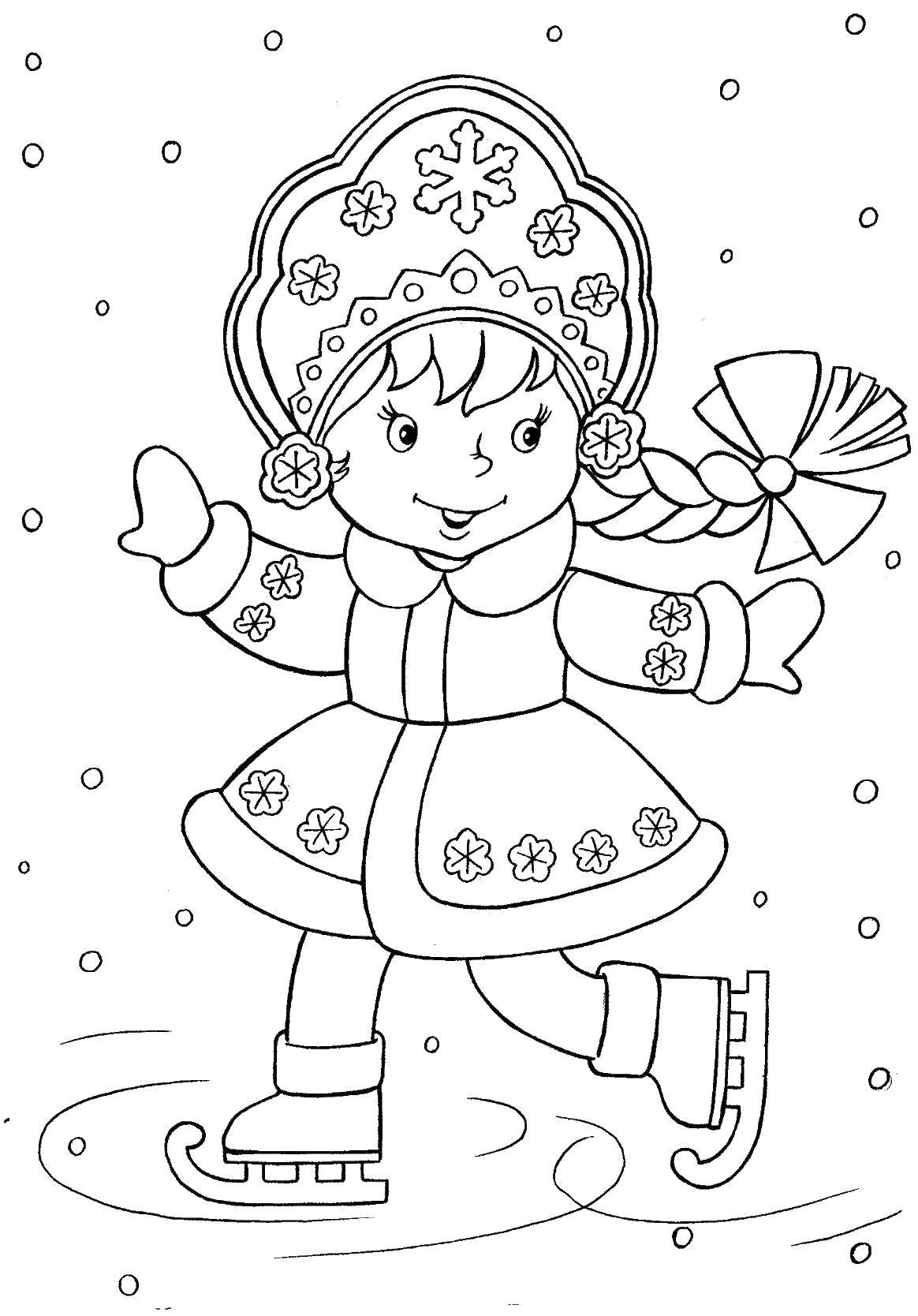 Название: Раскраска Снегурочка катается на коньках. Категория: снегурочка. Теги: Дед мороз, снегурочка.