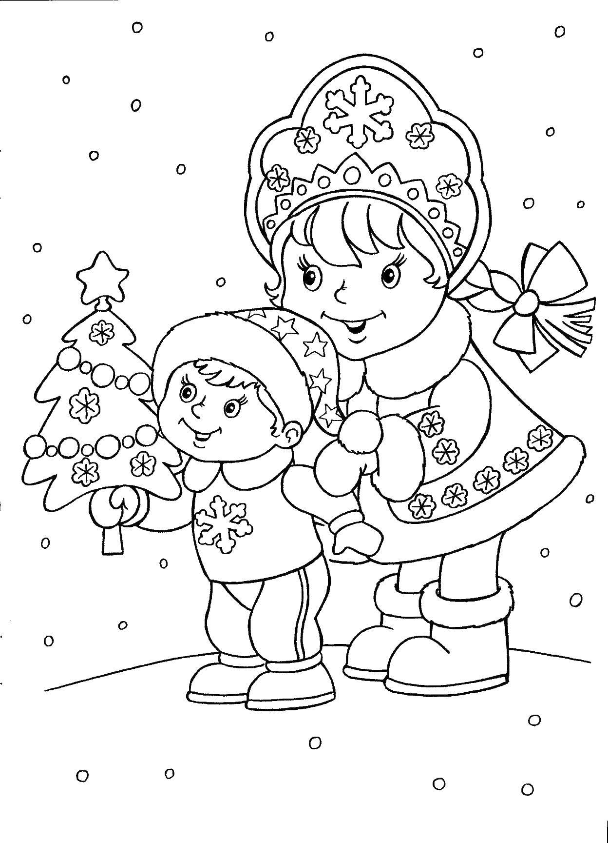 Coloring Snegurochka gave the boy a tree. Category maiden. Tags:  snow, children.