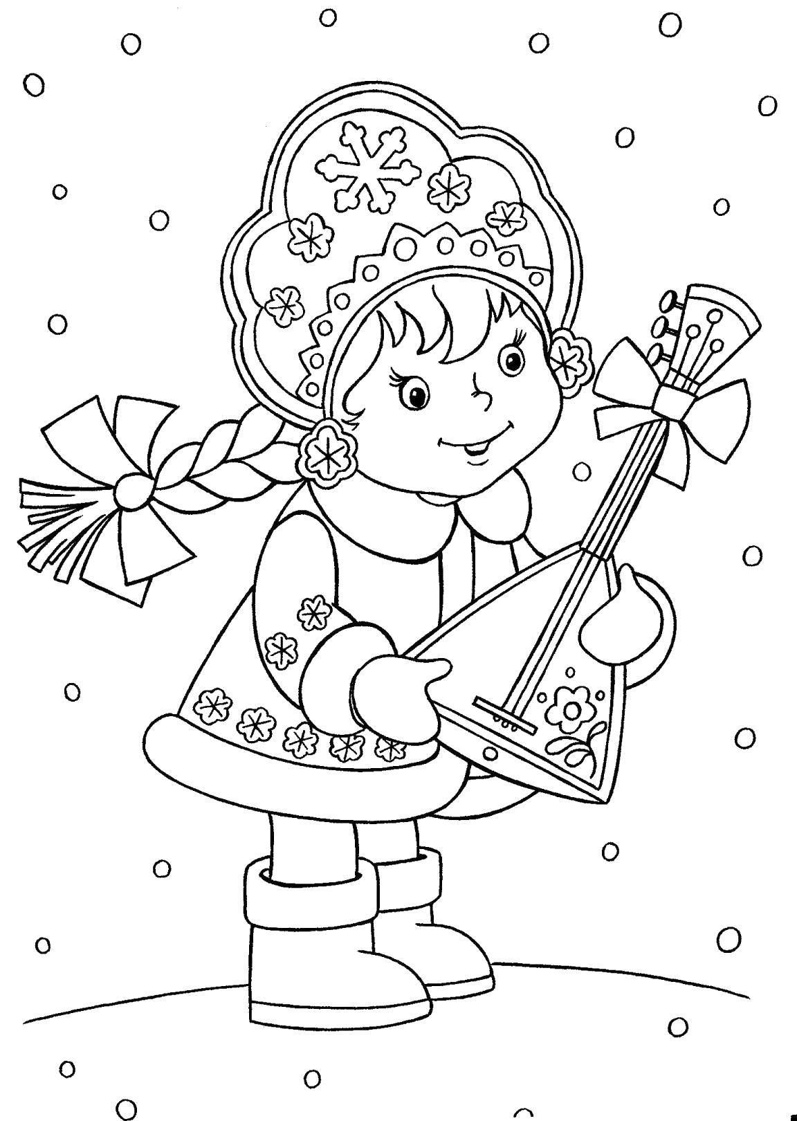 Coloring Snow maiden with balalaika. Category maiden. Tags:  first, balalaika.