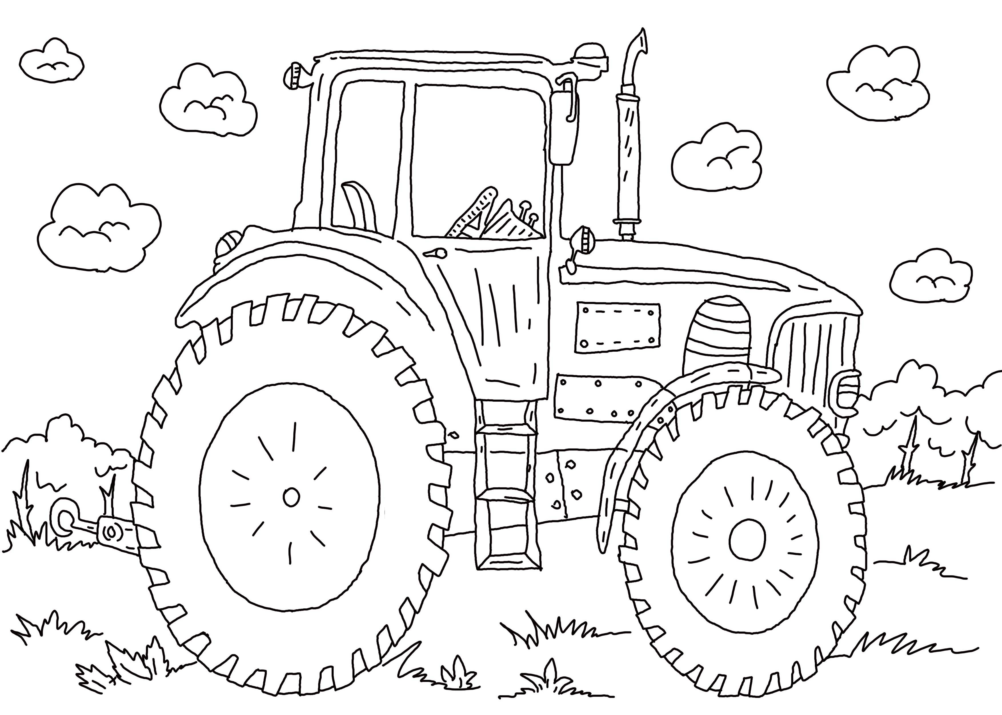 Название: Раскраска Трактор в поле. Категория: транспорт. Теги: трактор, поле, колеса.