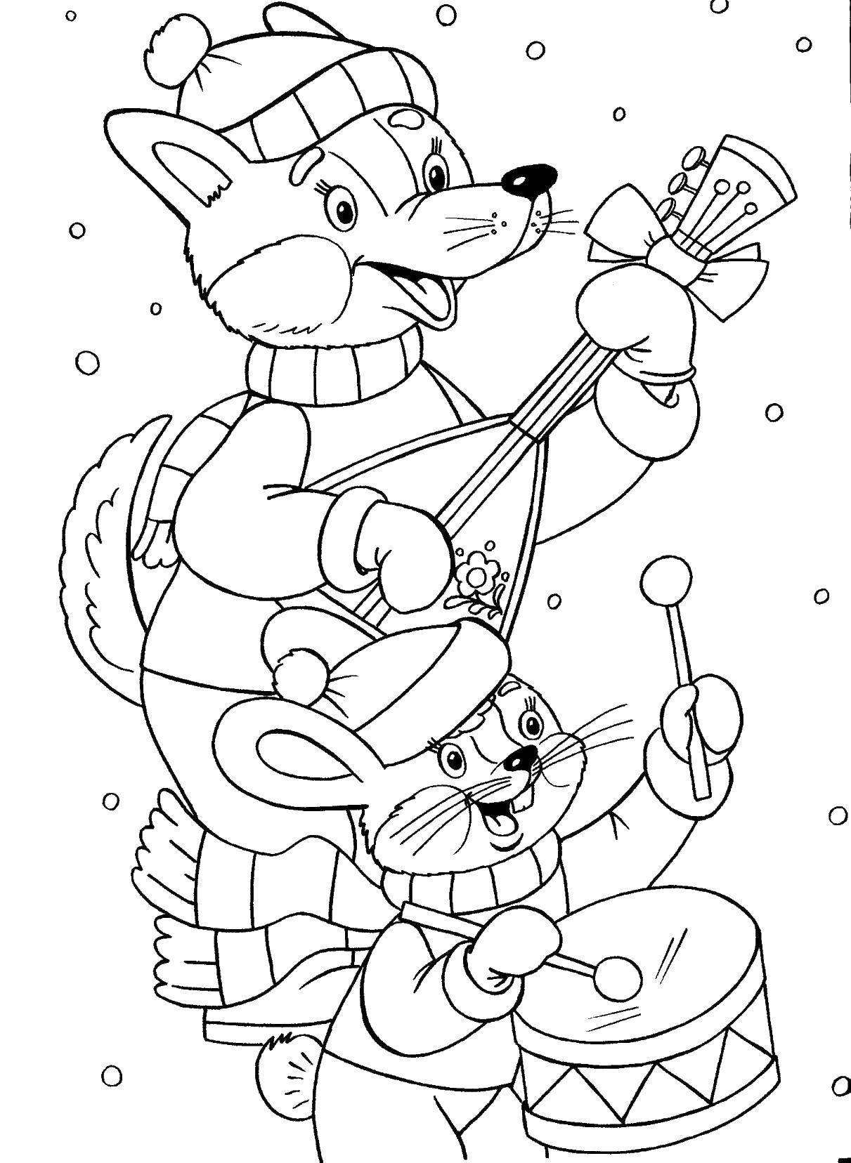 Название: Раскраска Волк и заяц играют на музыкальных инструментах. Категория: новый год. Теги: новый год, елка.