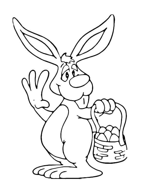 Название: Раскраска Заяц с корзиной. Категория: пасхальный кролик. Теги: кролик, корзинка, яйца.