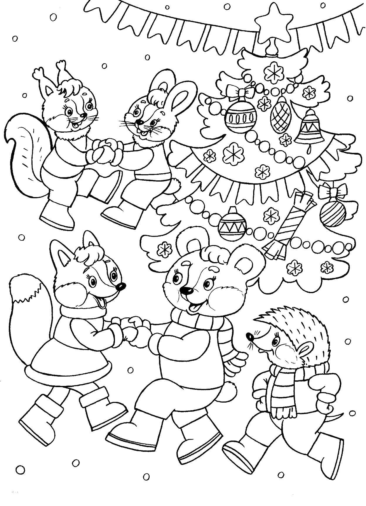 Название: Раскраска Звери танцуют перед новогодней елкой. Категория: новый год. Теги: новый год, елка.