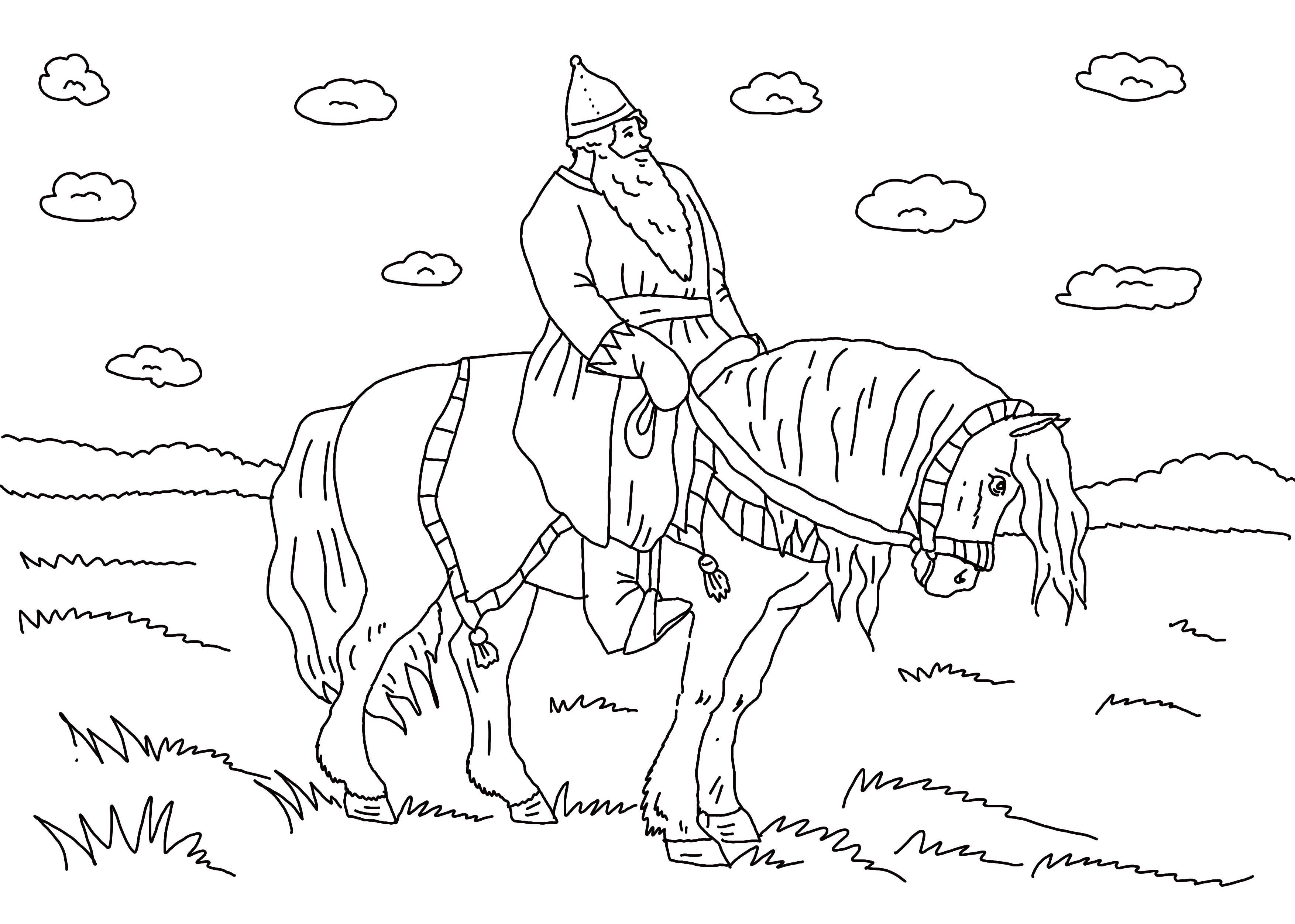 Опис: розмальовки  Богатир верхи на коні. Категорія: богатирі. Теги:  богатир, кінь.