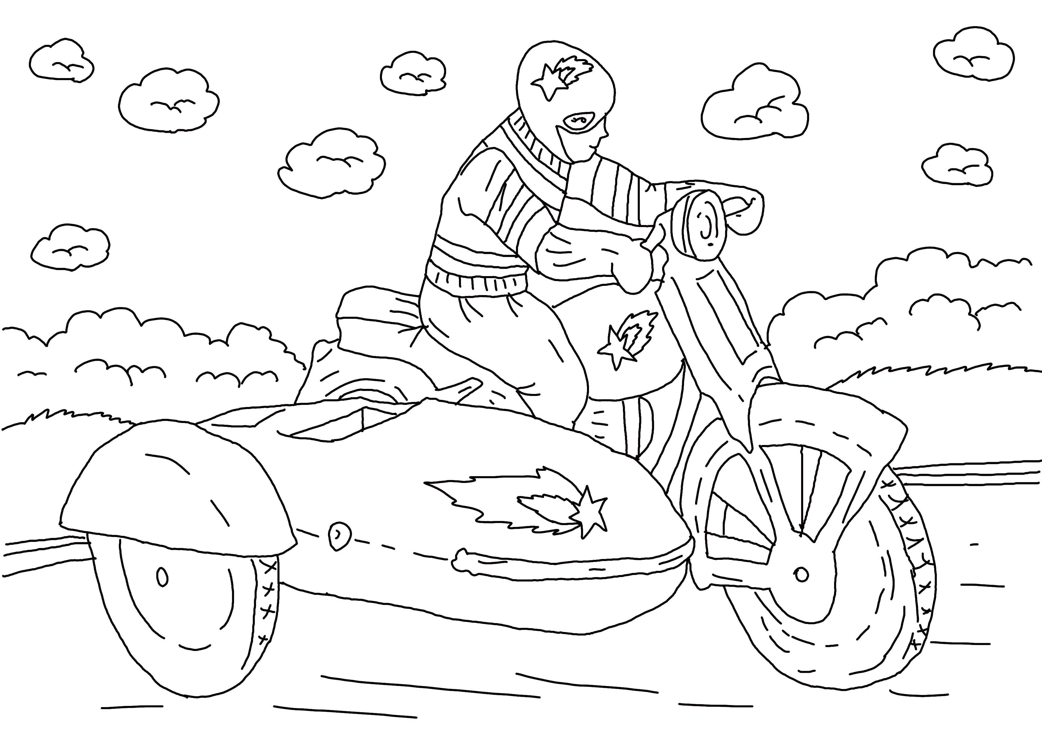Розмальовки  Хлопець на мотоциклі. Завантажити розмальовку мотоцикл, хлопець, дорога.  Роздрукувати ,транспорт,