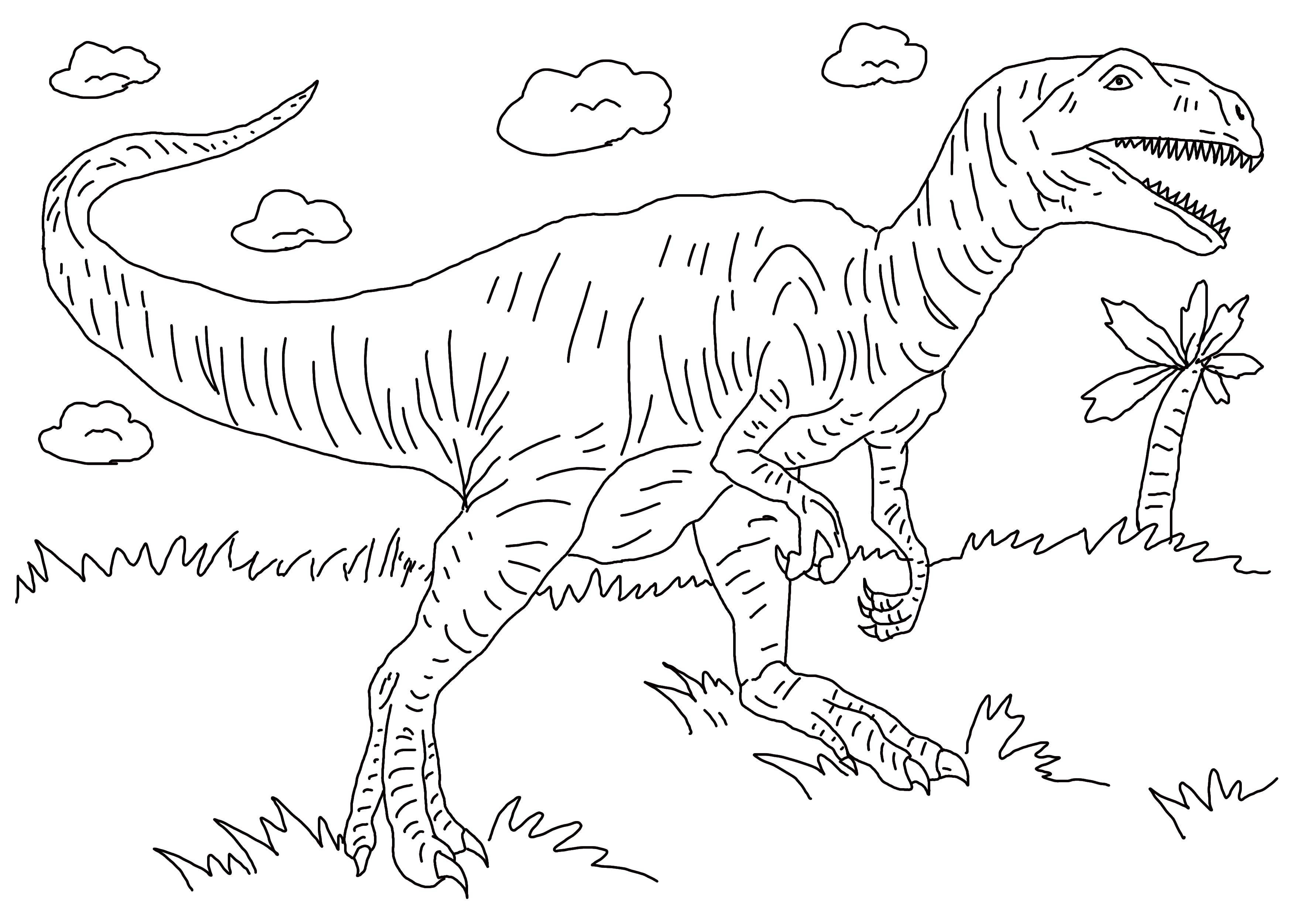 Coloring The dinosaur on the grass. Category dinosaur. Tags:  dinosaur, grass, tail.