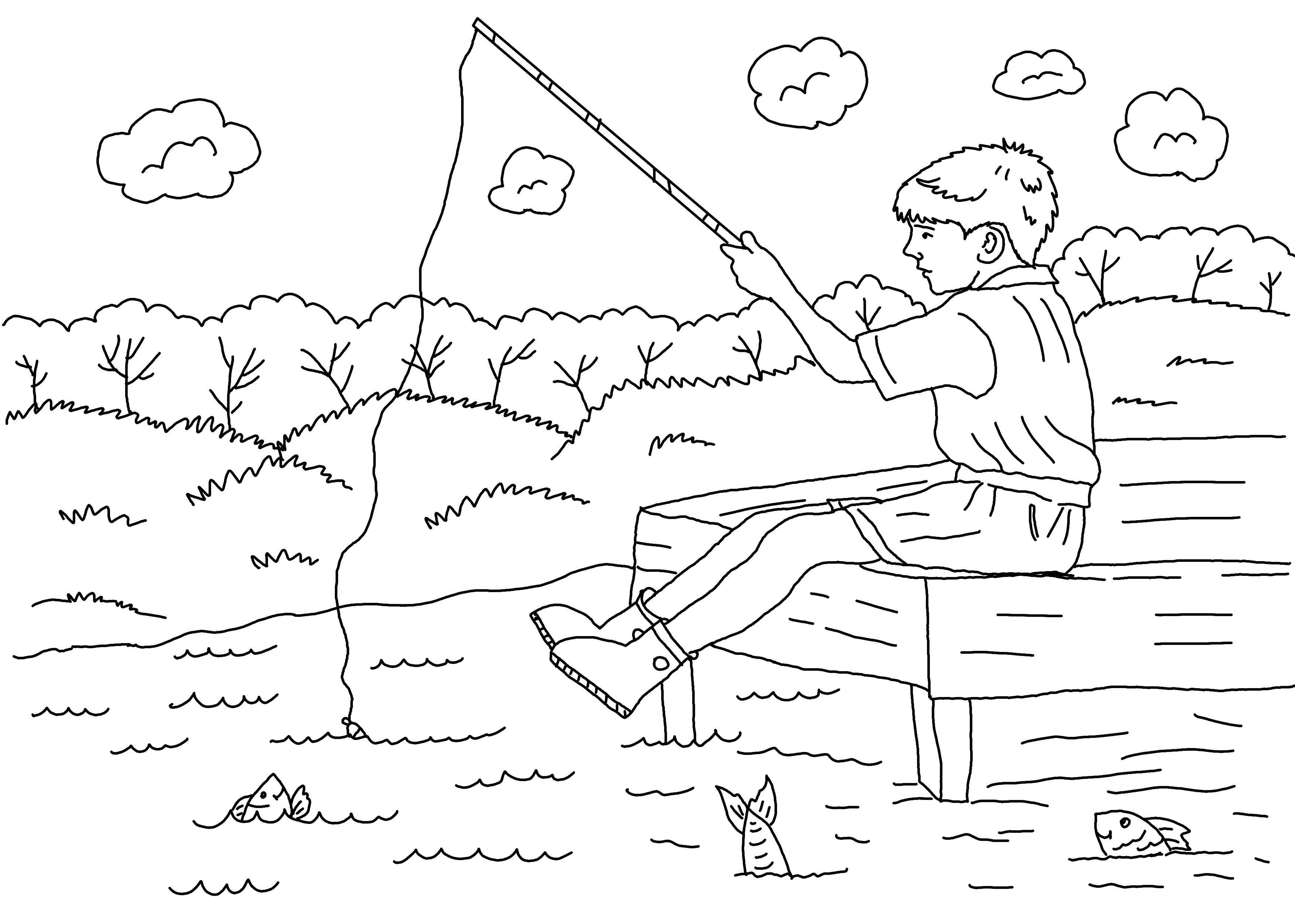 Coloring Boy catches fish in a lake. Category fishing. Tags:  Boy, fishing.