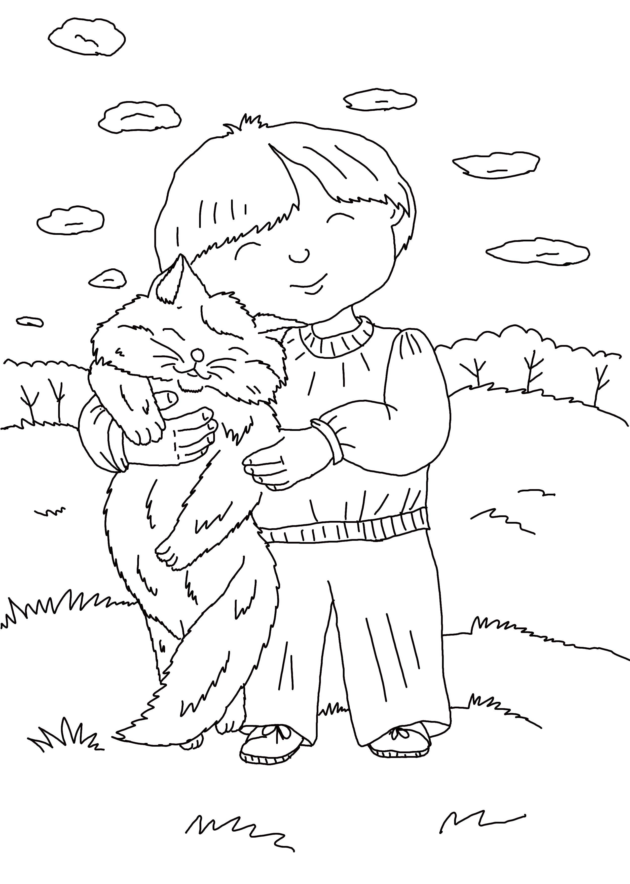 Coloring Boy hugging cat. Category children. Tags:  Boy, cat.