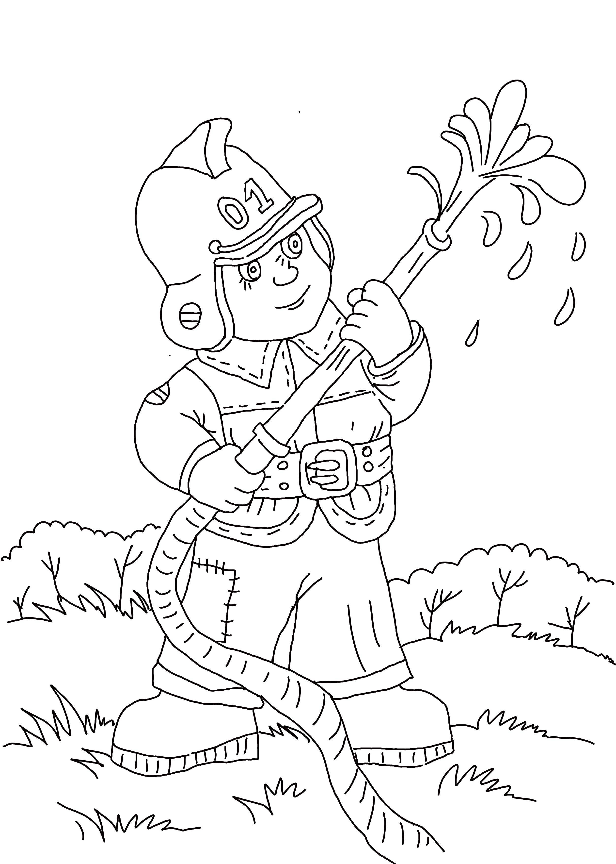 Coloring Firefighter with hose. Category the fire. Tags:  fire, police, ambulance.