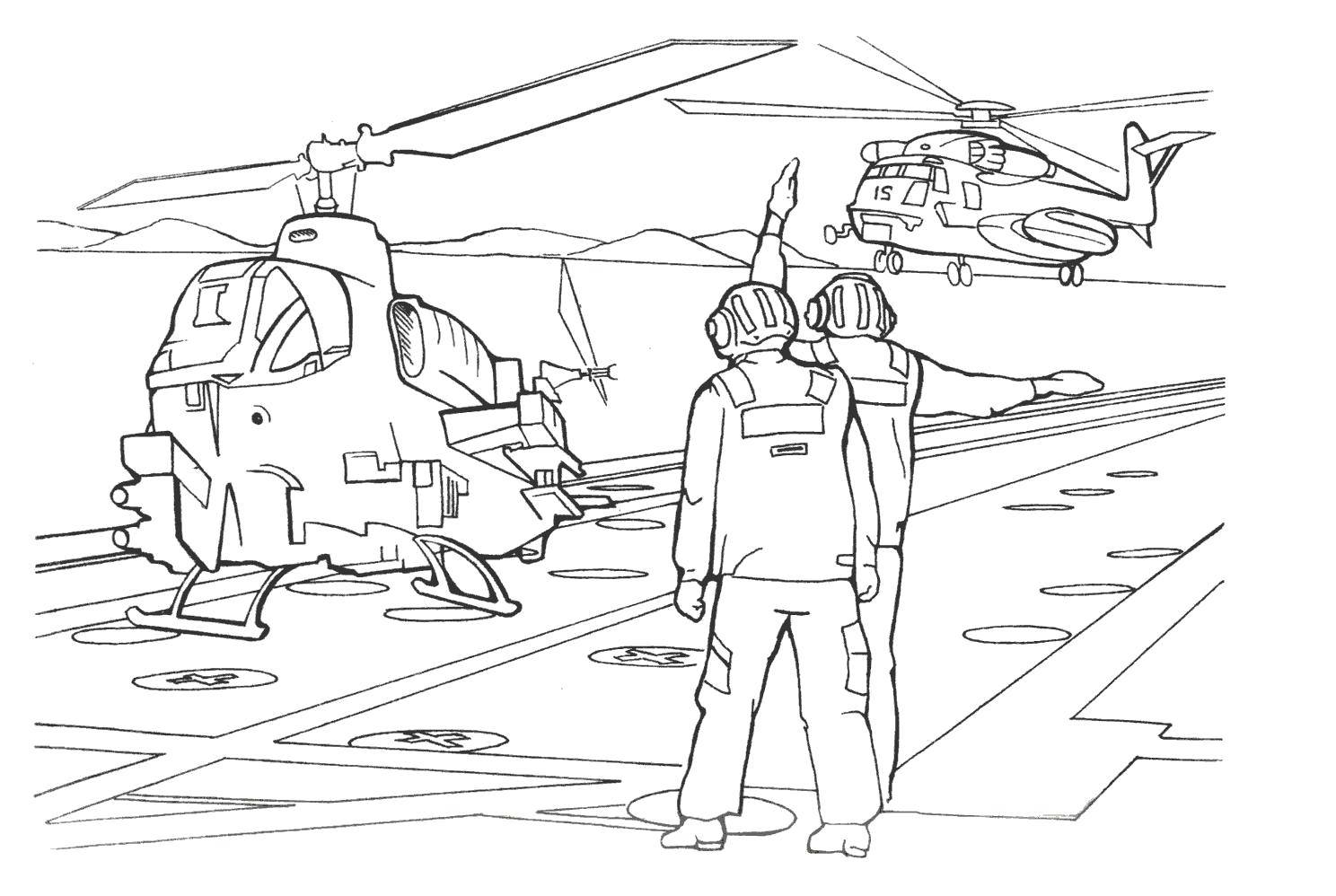 Coloring The landing of military helicopters. Category military coloring pages. Tags:  Military, soldiers, weapons, helicopters.