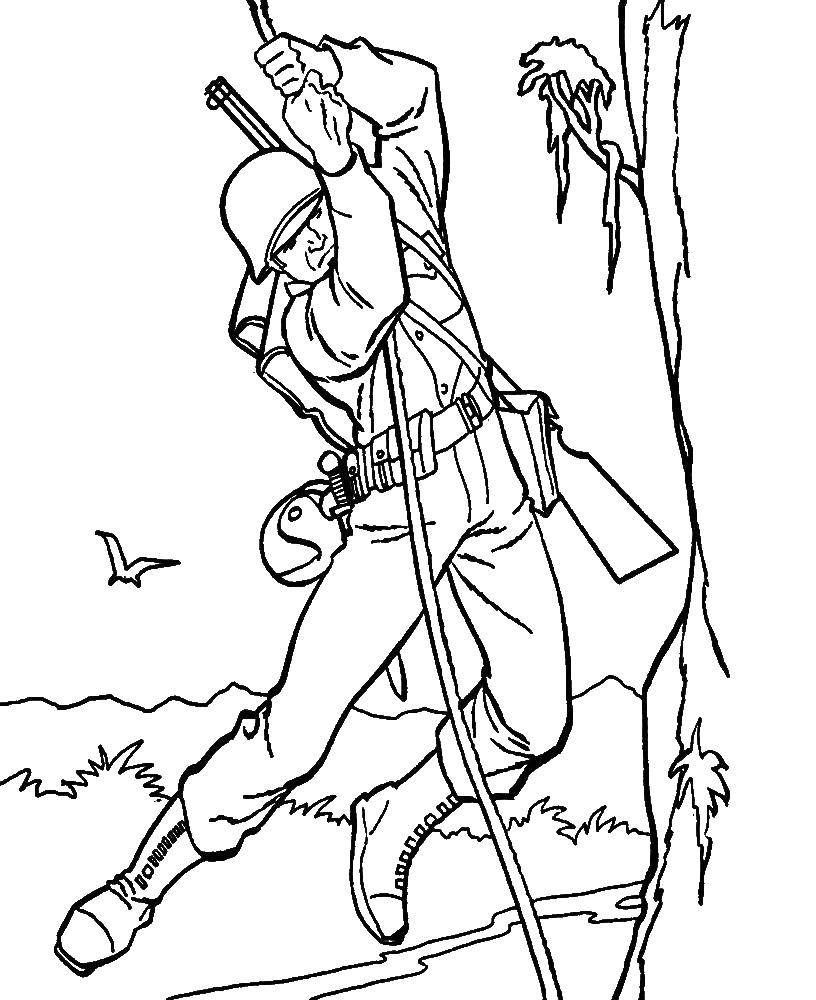 Coloring The soldiers coming down the rope down. Category military coloring pages. Tags:  Military, soldiers.