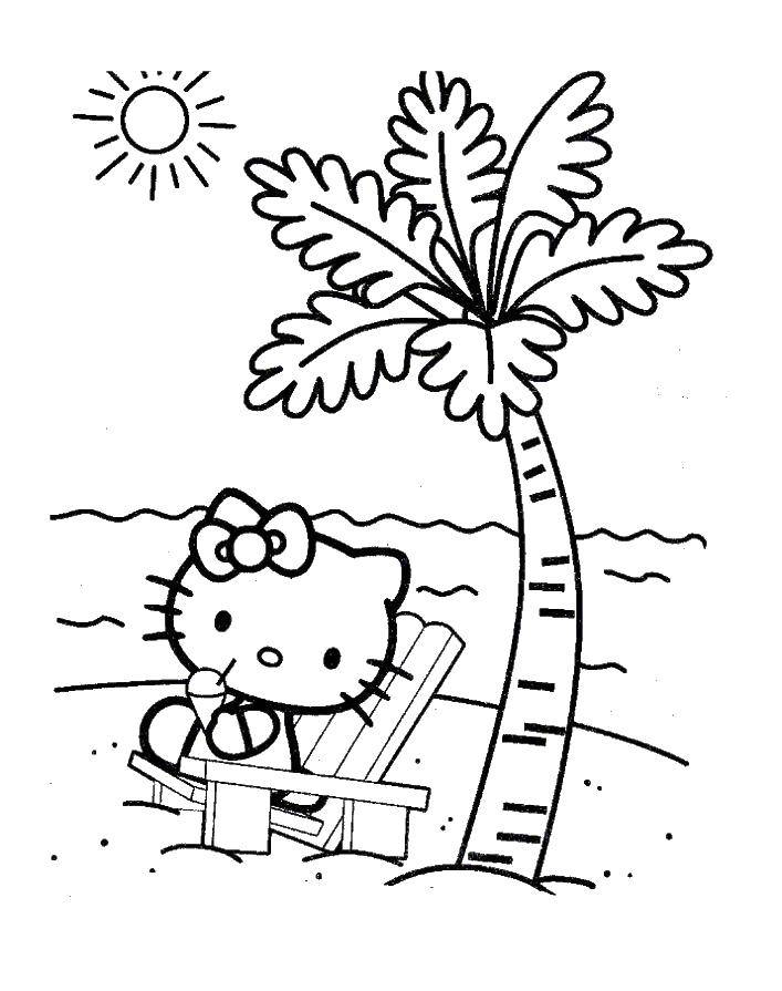 Розмальовки  Hello kitty на пляжі. Завантажити розмальовку Hello Kitty, палма, сонце.  Роздрукувати ,Hello Kitty,