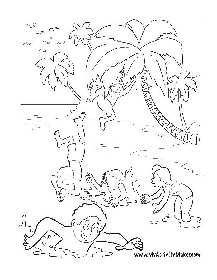Название: Раскраска Дети играют на пляже. Категория: Летние развлечения. Теги: пляж, дети, пальма, вода.