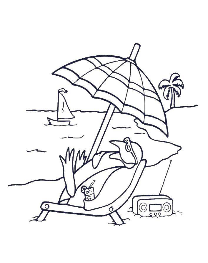 Название: Раскраска Пингвин на отдыхе. Категория: лето. Теги: пингвин, зонтик, лежак.