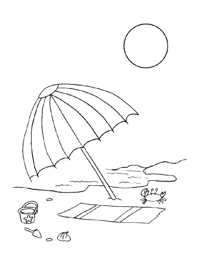 Название: Раскраска Пляж. Категория: лето. Теги: пляж, коврик, зонтик, солнце.