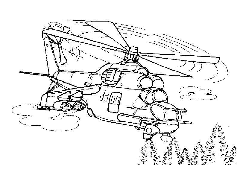 Название: Раскраска Военный вертолёт летит над лесом. Категория: военные раскраски. Теги: Военное, вертолёт.