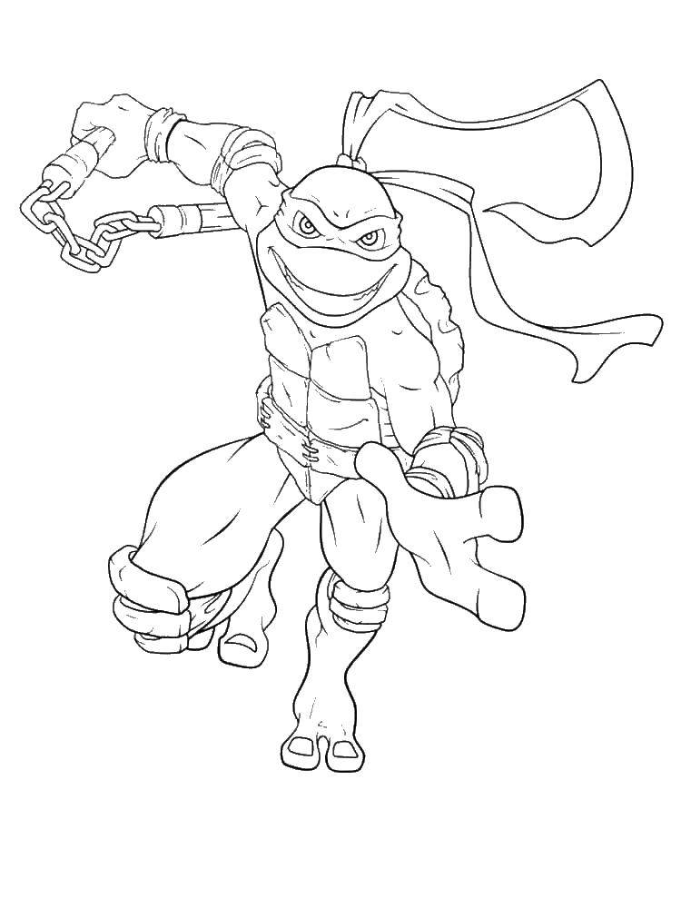 Coloring Michelangelo fighting nunchaku.. Category teenage mutant ninja turtles. Tags:  Michelangelo, nunchaku.