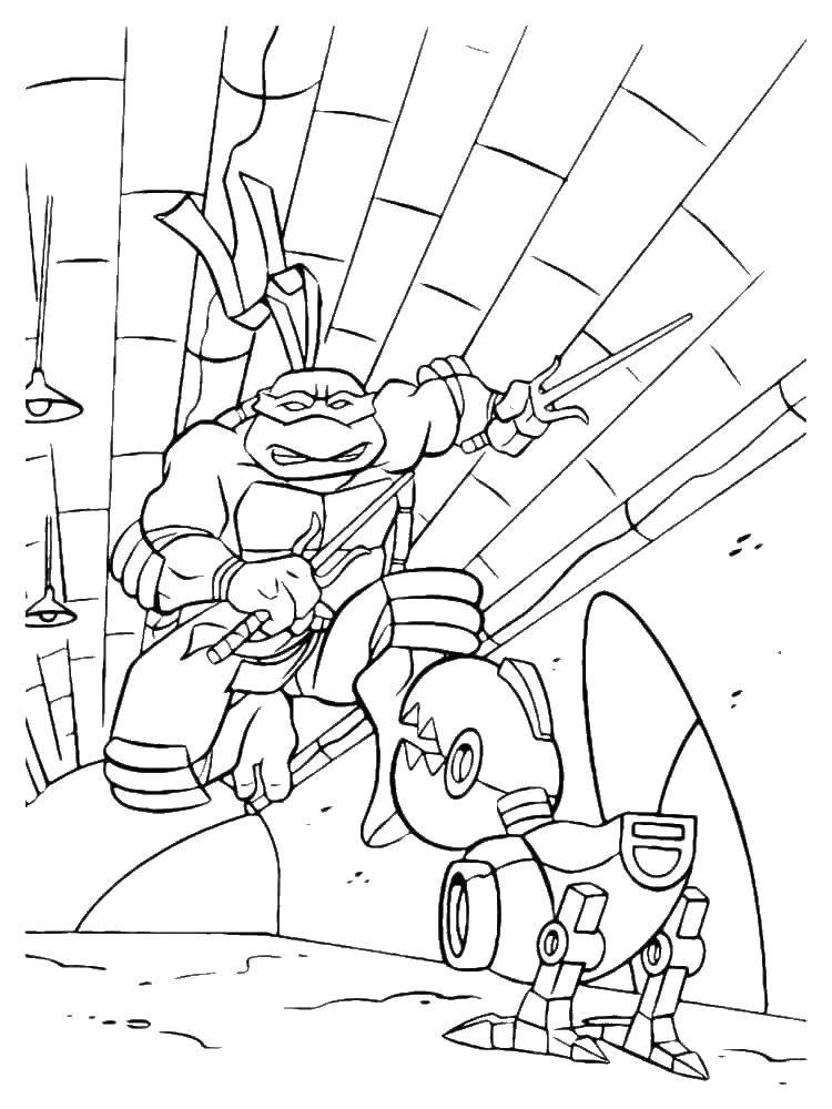 Coloring Raphael fights with a robot.. Category teenage mutant ninja turtles. Tags:  Raphael, teenage mutant ninja turtles.