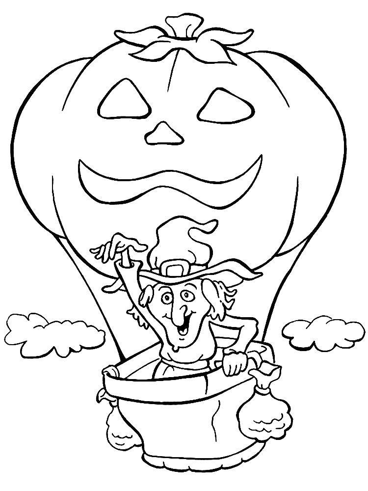 Coloring The witch flies in a balloon pumpkin. Category pumpkin Halloween. Tags:  Halloween, witch.