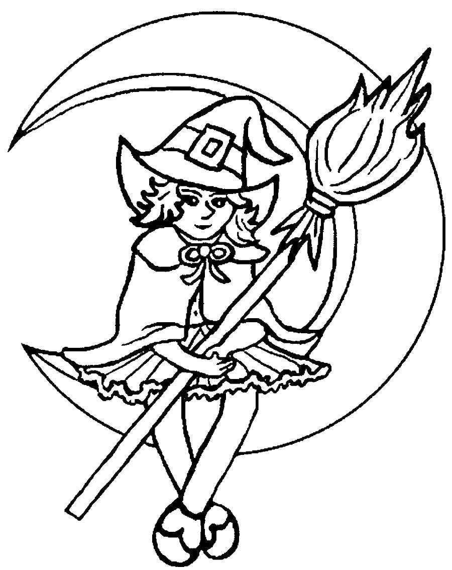 Coloring Witch on the moon with a broom. Category Ghost . Tags:  witch, Halloween.
