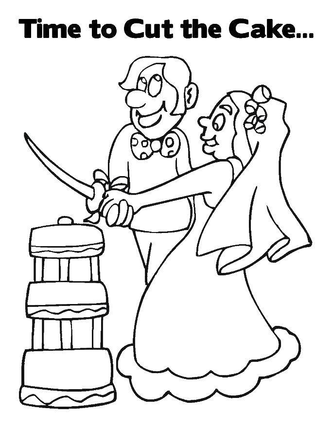 Название: Раскраска Жених и невеста режут торт. Категория: Свадьба. Теги: свадьба, платье.