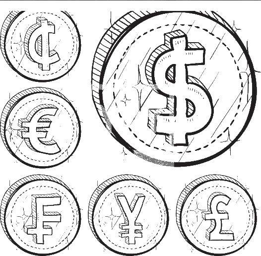 Название: Раскраска Монеты разных стран. Категория: Деньги. Теги: деньги, монеты.