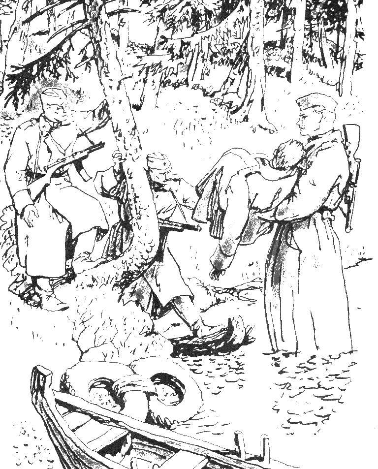 Coloring Soldiers in combat with the wounded. Category military coloring pages. Tags:  war, soldiers, combat.