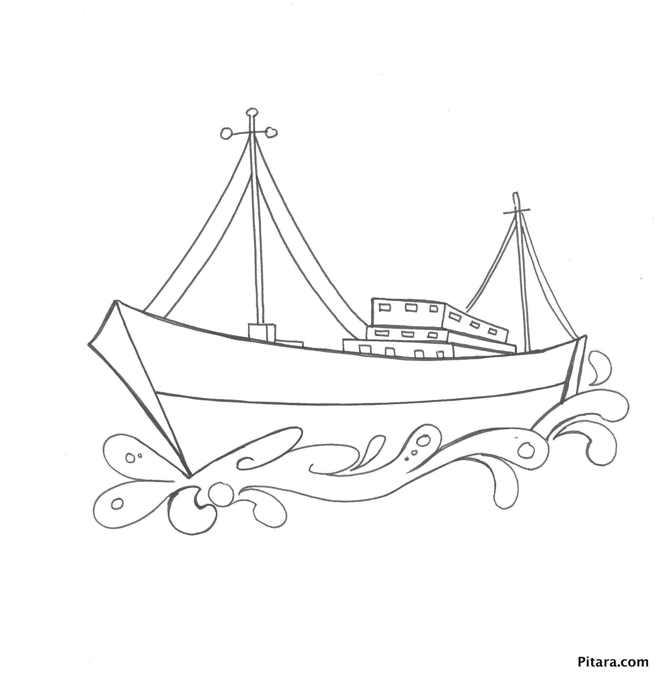 Название: Раскраска Корабль на волнах. Категория: корабли. Теги: корабли, вода, волны.